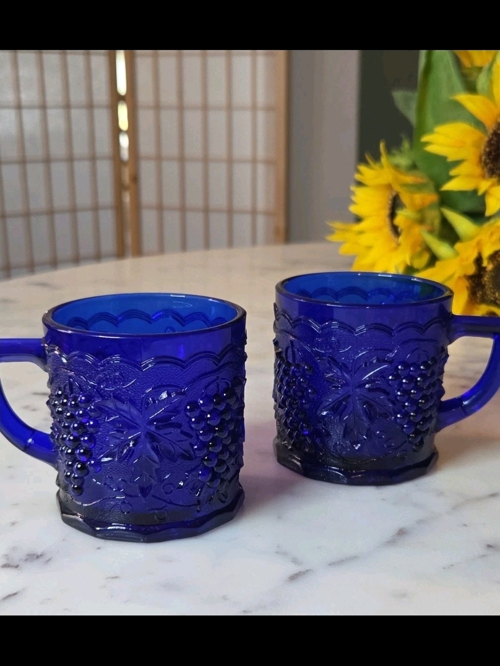Mosser Glass | Colbalt Blue Textured Grape Motif Cups Set 2 RARE 4oz 1987